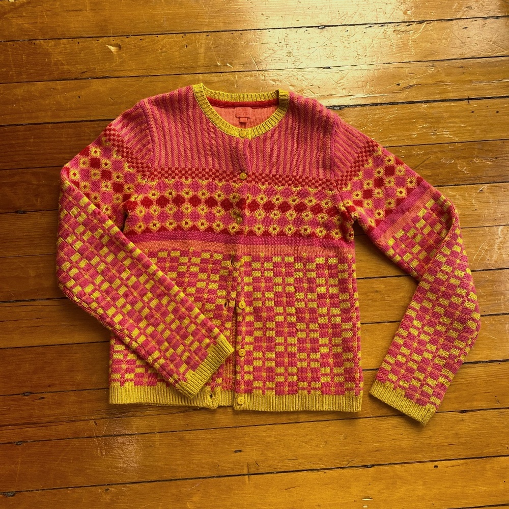 Patterned red/orange/yellow button down sweater - Room Seven